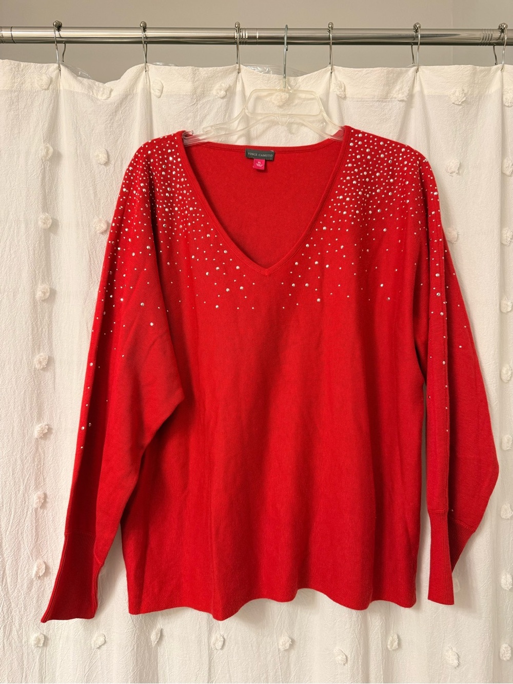 Vince Camuto Red V-Neck Sweater with Silver Stud Embellishments